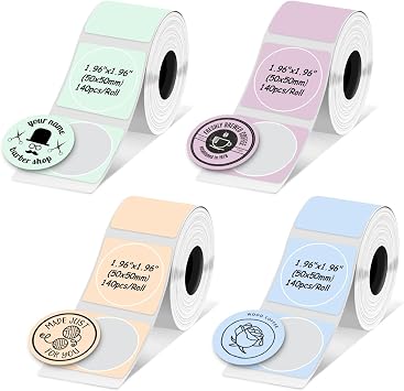 Round Circle Thermal Label Compatible with Phomemo M100/M110/M150/M221/M220/M120/M200/M250 Label Printer,1.96" x 1.96"50x50 mm, 140 Labels/Roll, Black on Pink & Blue & Khaki & Green,4 Rolls