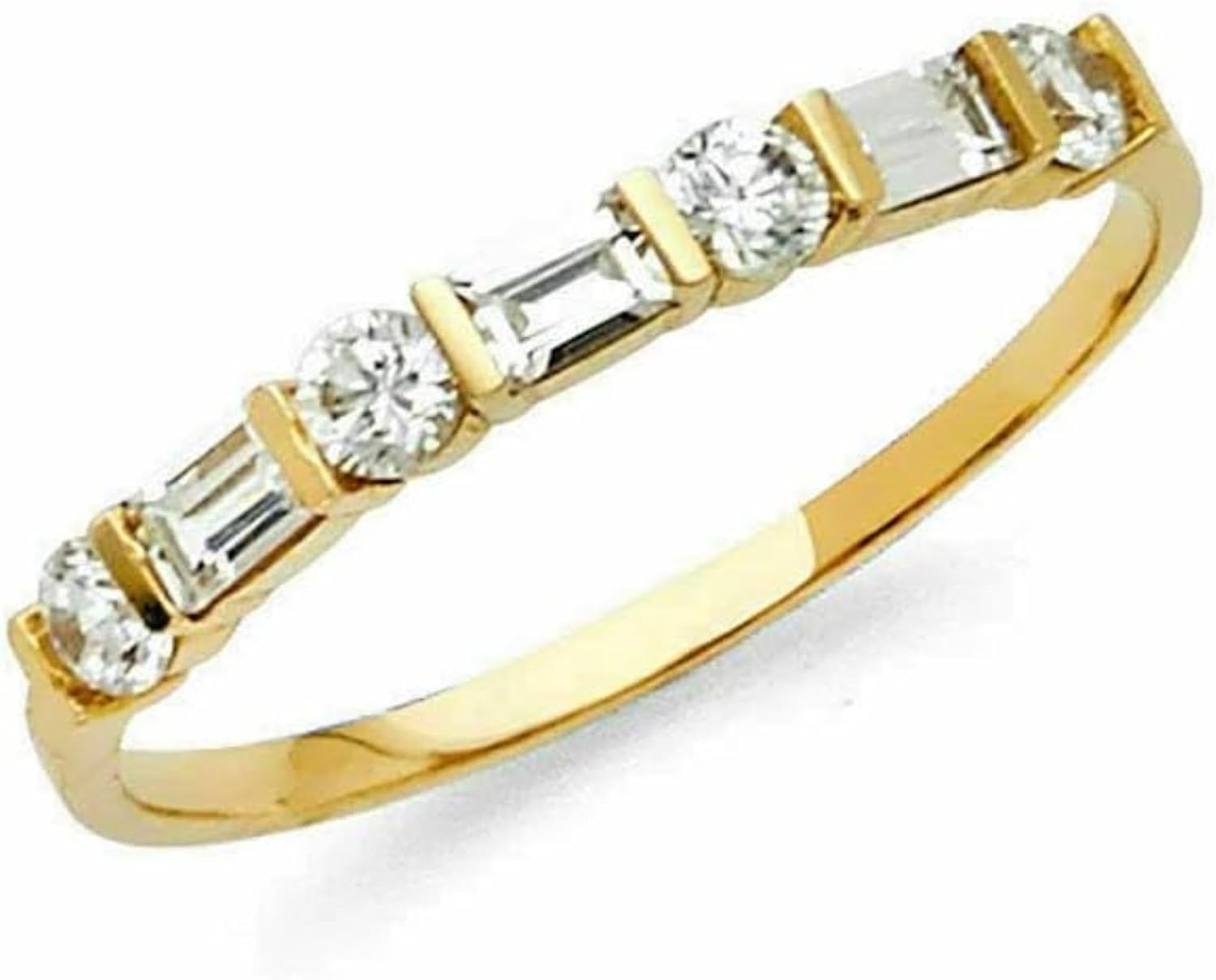 Handmade Real 925 Sterling Silver 14K Yellow Gold Plated Round & Baguette Cut White Diamond Beautiful Seven Stone Band Ring Jewelry Gift for a Beloved Women's