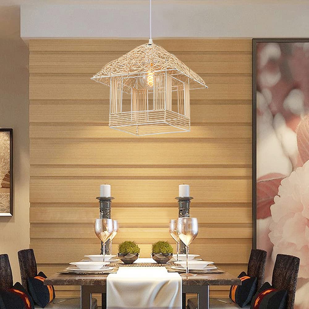 Lampy wiszące sufitowe, ręcznie pleciona rattanowa lampa wisząca, wiklinowa latarnia sypialnia żyrandol do salonu, kreatywność rattanowa klatka dla ptaków odcień lampa sufitowa do wyspy kuchennej 30 c