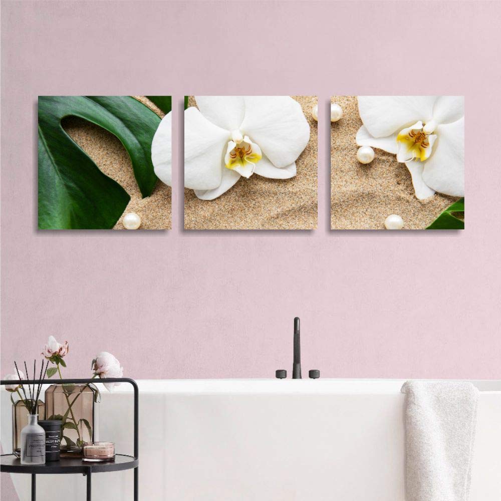 Quadri L&C ITALIA Tris Orchidea Bianca - Quadri per Bagno Moderno Zen con Fiori Bianchi Sabbia e Foglie - Quadetti da Parete 25 x 25 Stampa su Tela Canvas