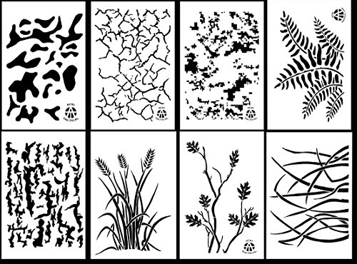 Acid Tactical® 8 Designs - 9X14" Camouflage Vinyl Airbrush Spray Paint Stencils - (Grass, Bark, Digital, Multicam, Fern, Cracked Earth Camo) #TOP26