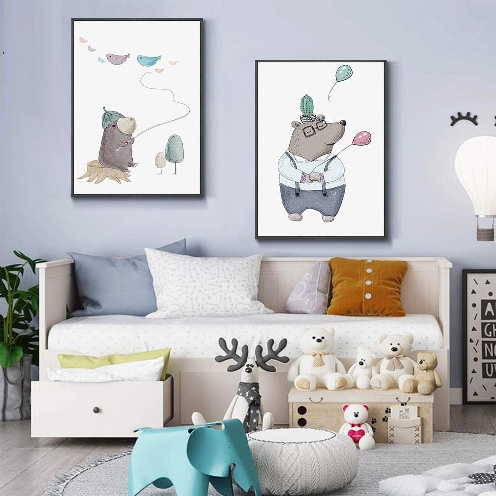 Cameretta Neonato Complementi Arredo Casa Simpatico Cartone Animato Orso Bruno Stampa Pittura Cactus Immagine Arte Della Parete Su Tela Poster Per Bambini Camera Dei Bambini 50 * 70 cm Incorniciato