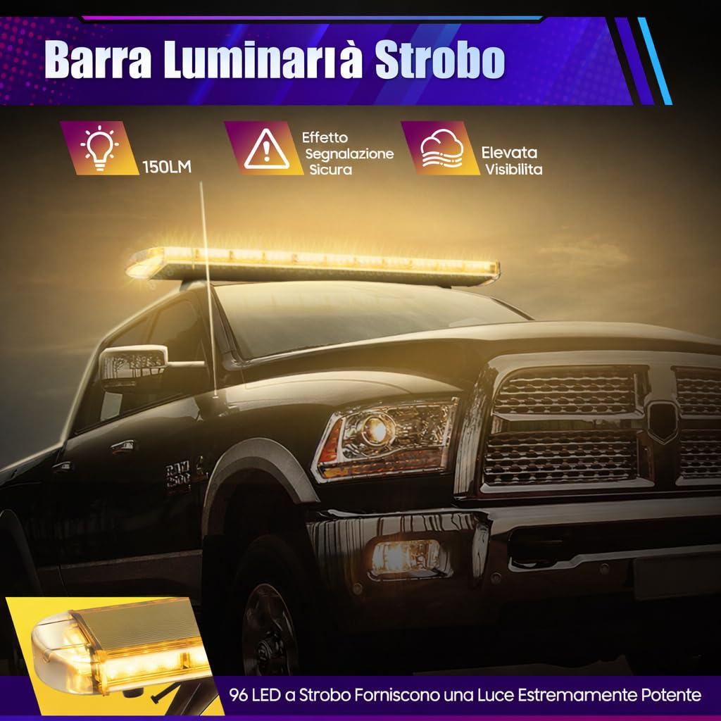 Barra di segnalazione a LED, 1310 mm, fascio luminoso 96 W, AC12-24 V, luce di segnalazione, luce lampeggiante di emergenza, per camion, tetto, colore giallo