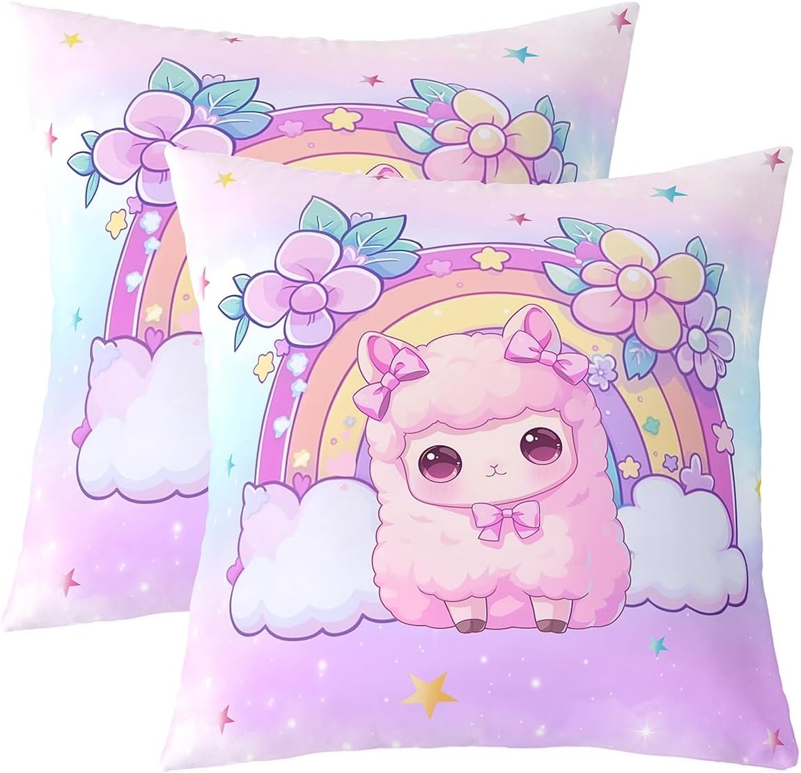 Erosebridal Set of 2 Sheep Throw Pillow Covers 22x22 Inch for Sofa Bed,Cute Cartoon Sheep Pillow Covers Home Room Decor,Kawaii Animal Cushion Covers,Colorful Stars Rainbow Decorative Pillow Covers