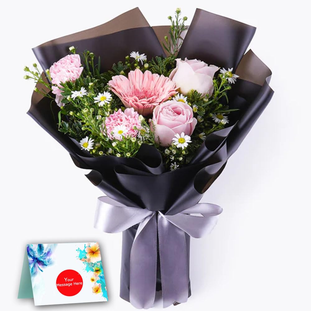 EG2i One-Side Bunch of 4 Pink Roses, 4 Pink Carnations, 1 Pink Gerbera with Gypsy Fillers – Gift for Birthday, Anniversary, Love, Valentine's Day, Girlfriend, Boyfriend – Same-Day Delivery
