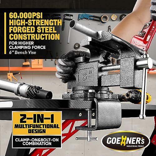 Dual-Purpose Bench Vise 6”, Heavy Duty Clamp-on Table Vise Made with 60,000PSI Forged Steel, 270° Swivel Base, Portable Vice for Workbench, Woodworking, Home Workshop and DIY Jobs 2 Dual-Purpose Bench Vise 6”, Heavy Duty Clamp-on Table Vise Made with 60,000PSI Forged Steel, 270° Swivel Base, Portable Vice for Workbench, Woodworking, Home Workshop and DIY Jobs - Image 2