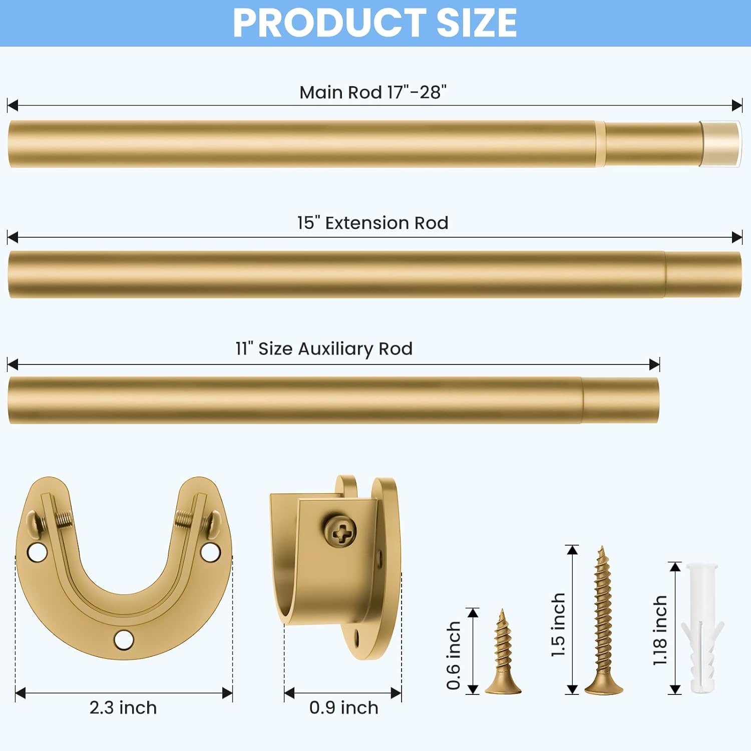 Closet Rods for Hanging Clothes, 17 to 69 Inch Heavy Duty Stepless Adjustable Closet Hanging Rod, 1.3 Inch Diameter Metal Closet Rod for Wardrobes Laundry Bedroom RV, Gold