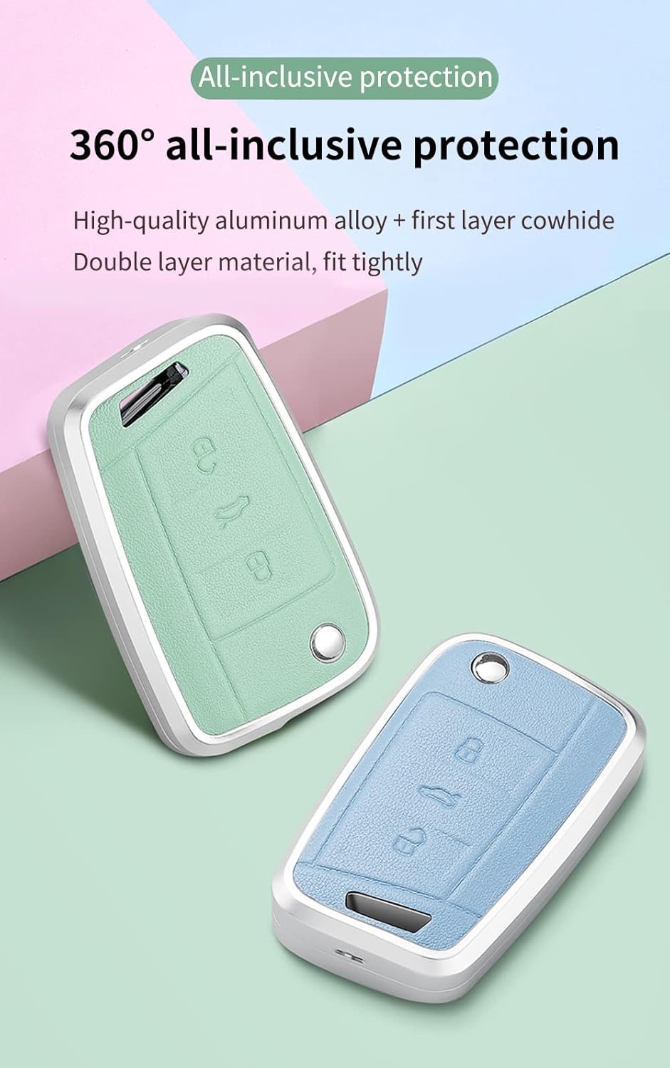 HIBEYO Car Key Fob Cover for Volkswagen Golf 7 MK7 Atlas Jetta Passat Arteon Tiguan Key Fob case 3 Button Protection Car Key Shell Cover Accessories with Keychains-Light Pink