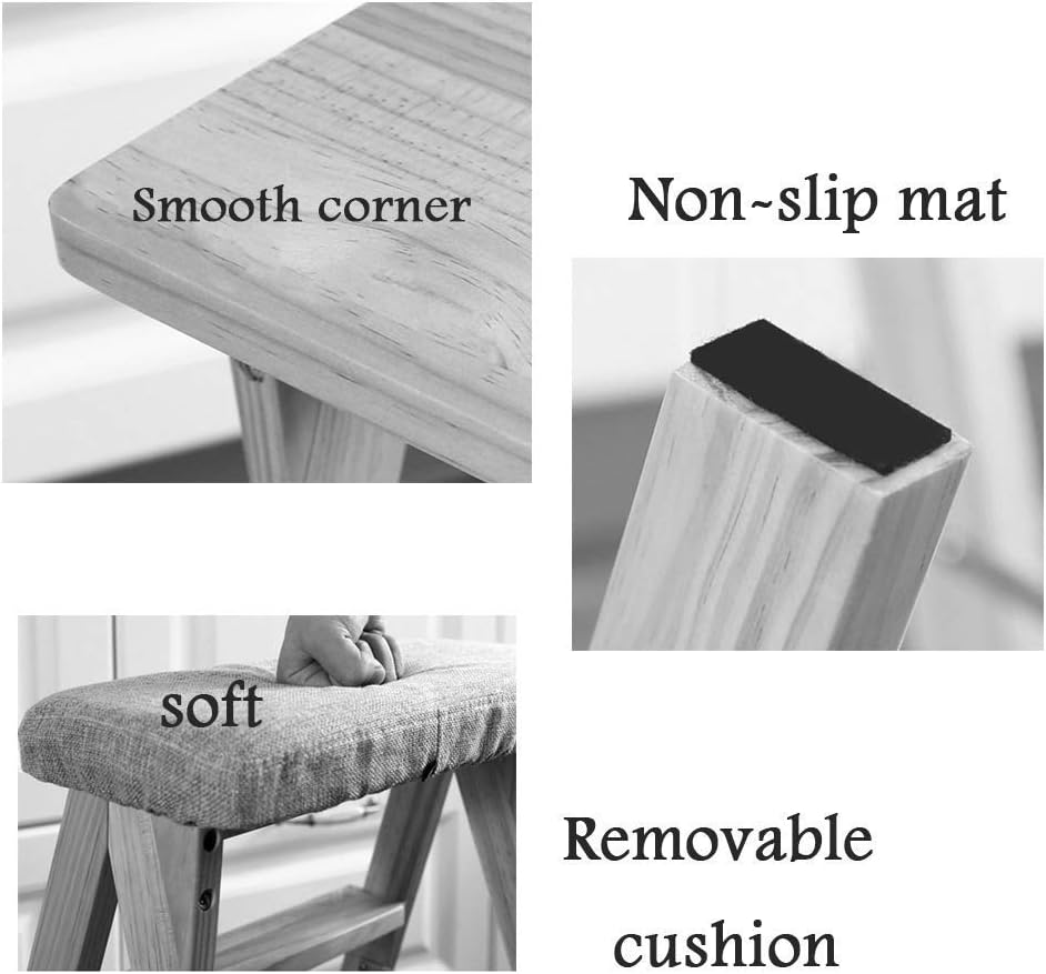 Stepladders Dual-Use Ladder Stool Wooden Foldable Anti Slip Home Library 3 Steps 150Kg Capacity Washable Pad (White Leg) Folding Steps/D