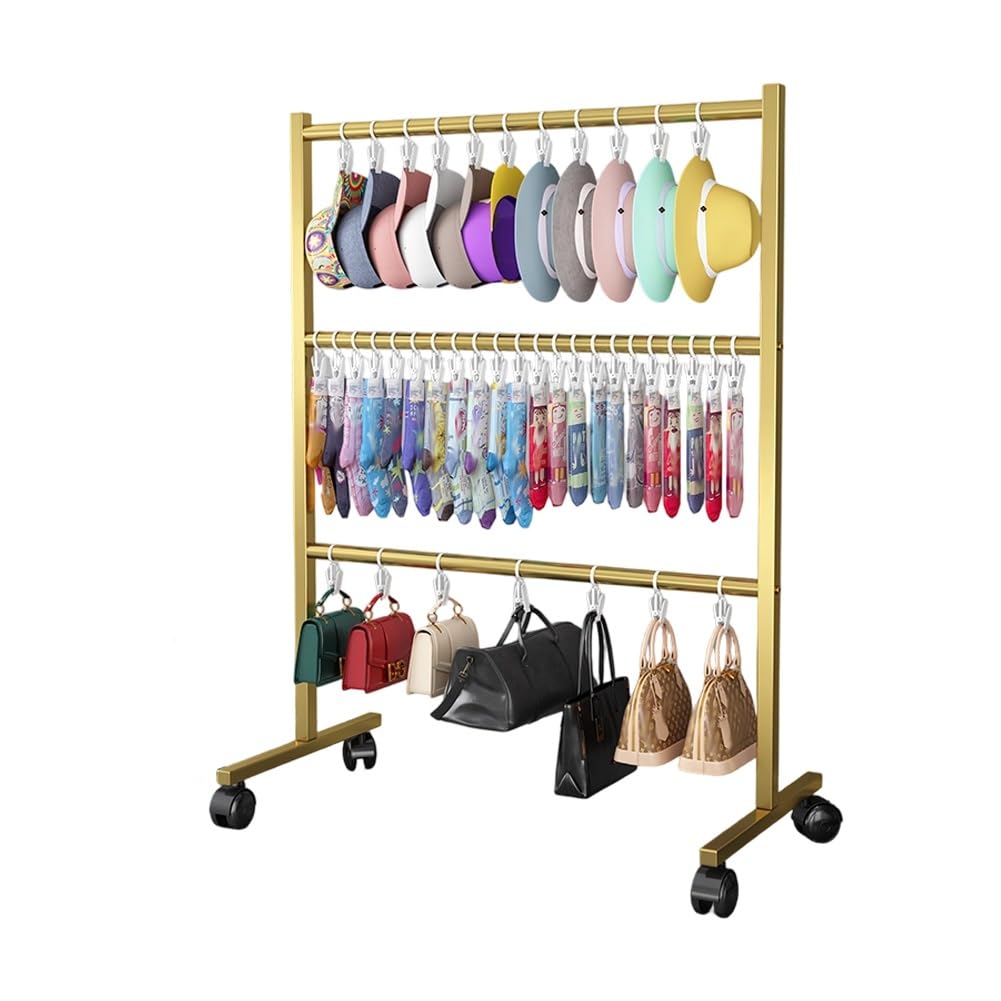 YNBSHGAA Freestanding Hat Display Rack with Wheels, Easy Assembly for Retail and Home Use,Gold-80x40x105cm