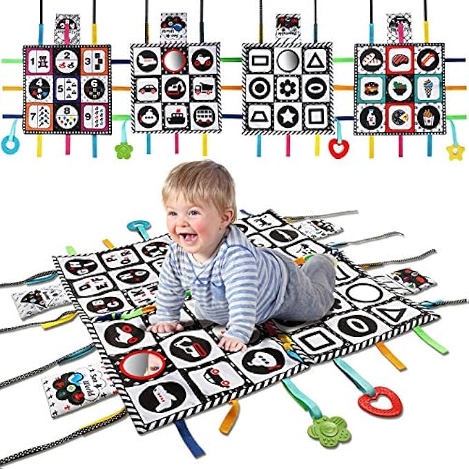 teytoy Tummy Time Floor Mirror, Double High Contrast Play and Pat Activity Mat Black and White Baby Crinkle Toys with Teether, Great Gift for Infants Boys and Girls -Pack of 4