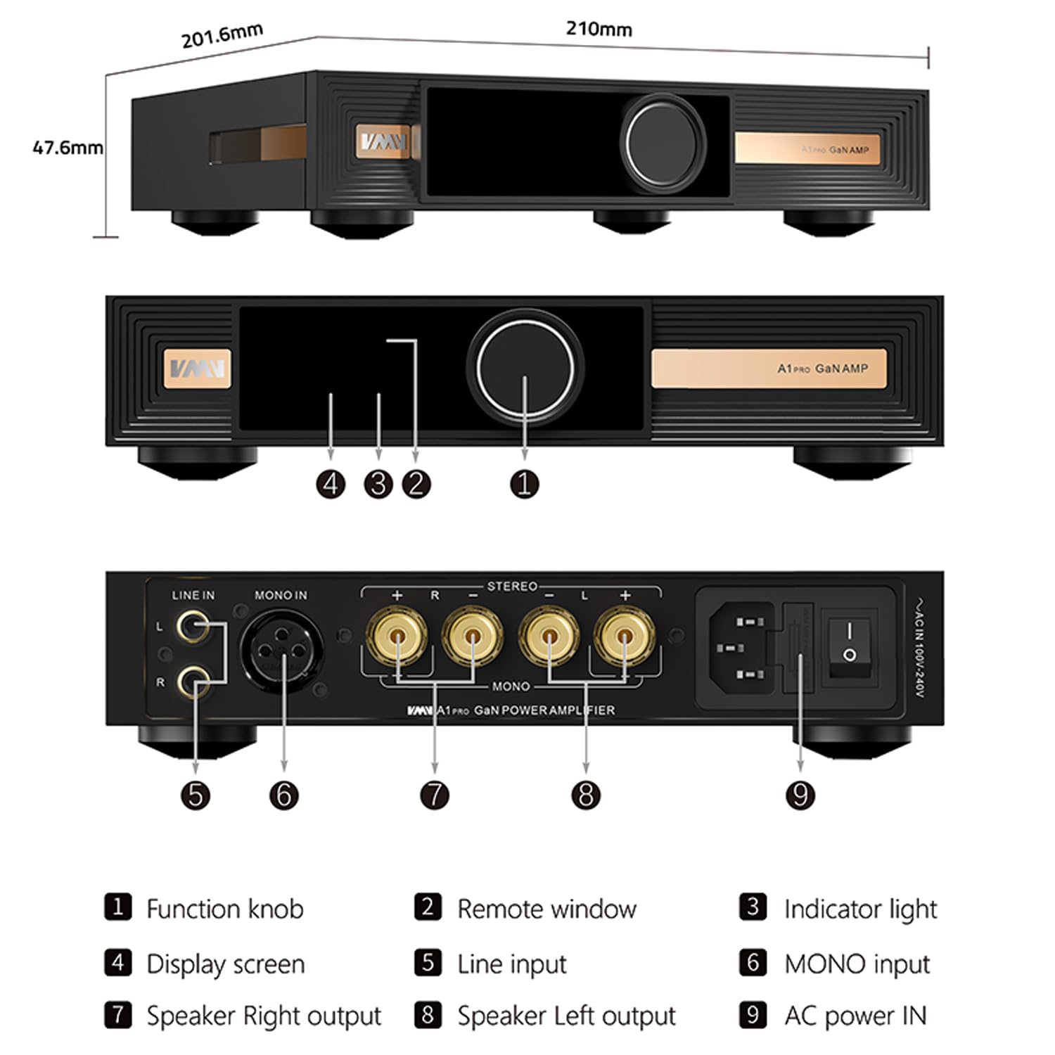 SMSL PA400 - Amplificador estéreo de alta potencia alimentado por GaN (400 W), amplificador de audio de alta fidelidad con entradas XLR/RCA, chip PGA2311, modos estéreo y mono puenteado, para sistemas
