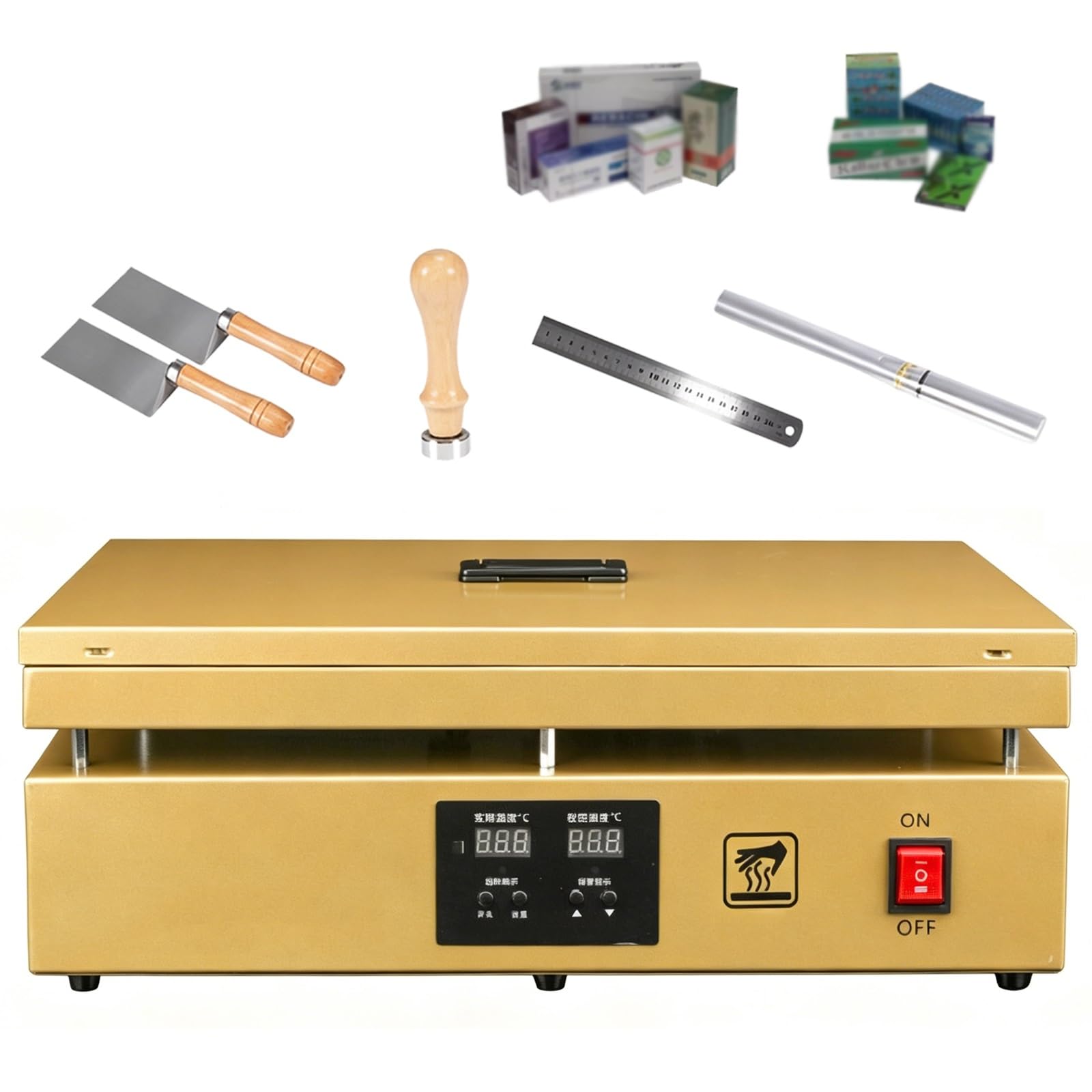 Máquina de embalaje de celofán, sellador térmico manual con pantalla de temperatura, envoltura de escritorio para cajas de cosméticos y perfumes, placa de aluminio, agujeros de disipación de calor