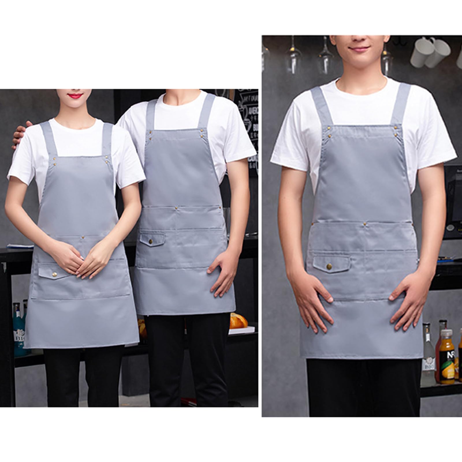 Delantal Camarero Delantal Cocina Hombre Mujer con Bolsillos Delantal Limpieza para Cocinar Barbacoa Y Hornear Pintar Tareas Grey,One Size
