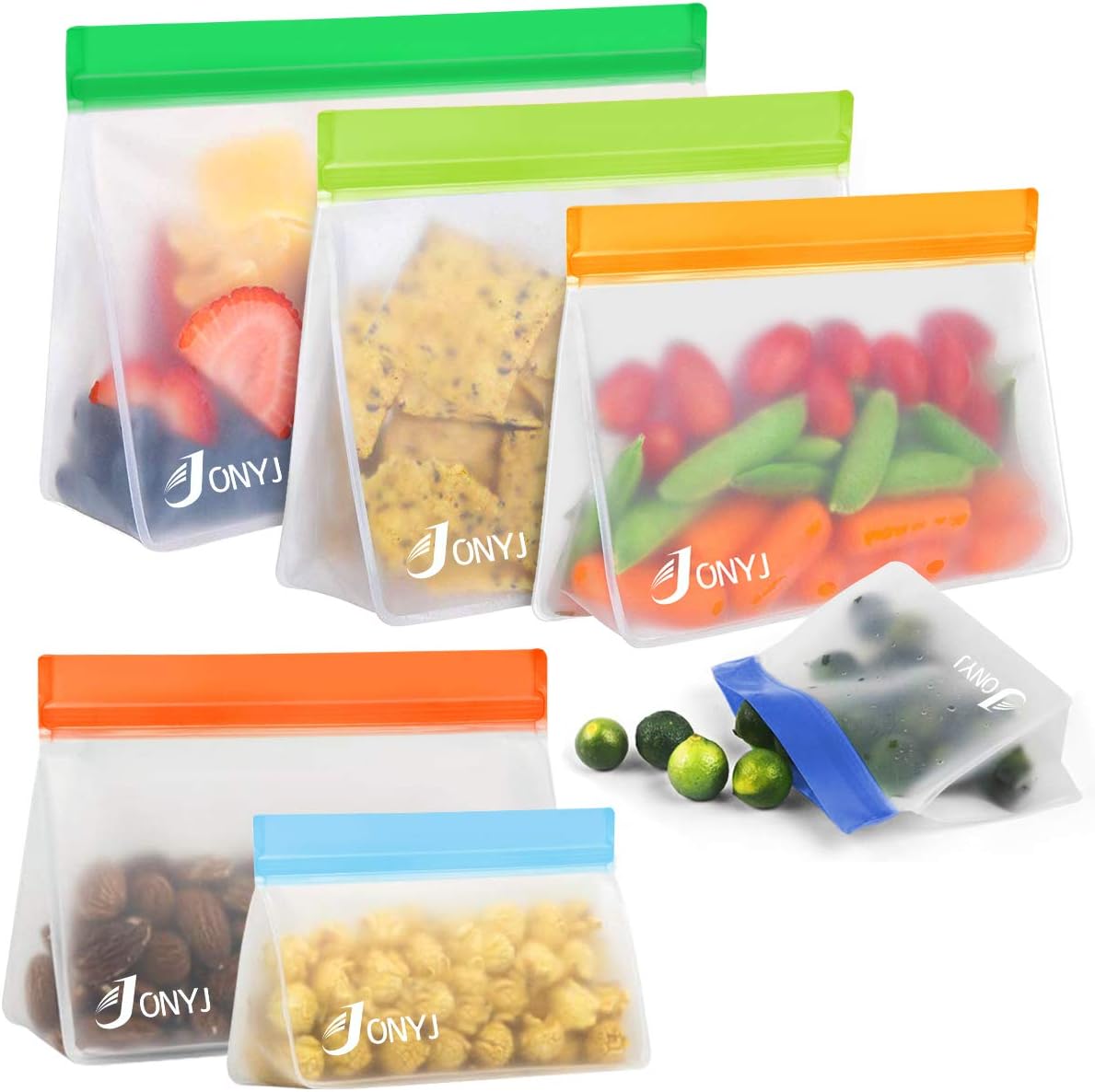Reusable Storage Bags, EXTRA THICK Gallon Ziplock Bags for Marinate Meats, Vegetables, Fruit, Cereal, Sandwich, Snack, Travel Items, Meal Prep, Home Organization (6 Pack-Stand Up Bags)