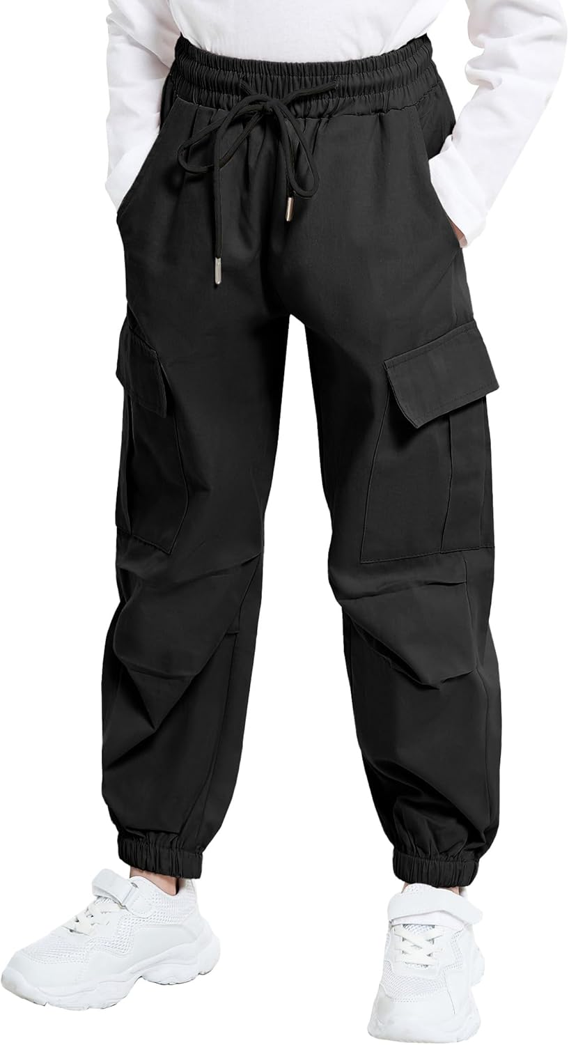 JiAmy Girls Cargo Pants Elastic High Waist Drawstring Pants Jogger Trousers Casual Loose with Pockets 6-14Y - Image 4