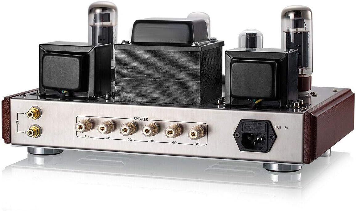 Tukangeun view of Nobsound EL34 amplifier showing input, speaker terminals, and power input