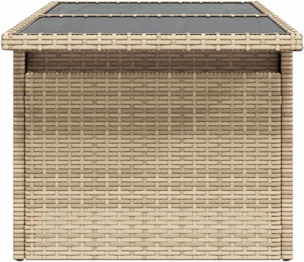 Beige Poly Rattan Garden Coffee Table with Tempered Glass Top, Powder-Coated Steel Frame, Adjustable Height Outdoor Patio Side Table for Balcony or Terrace Relaxation