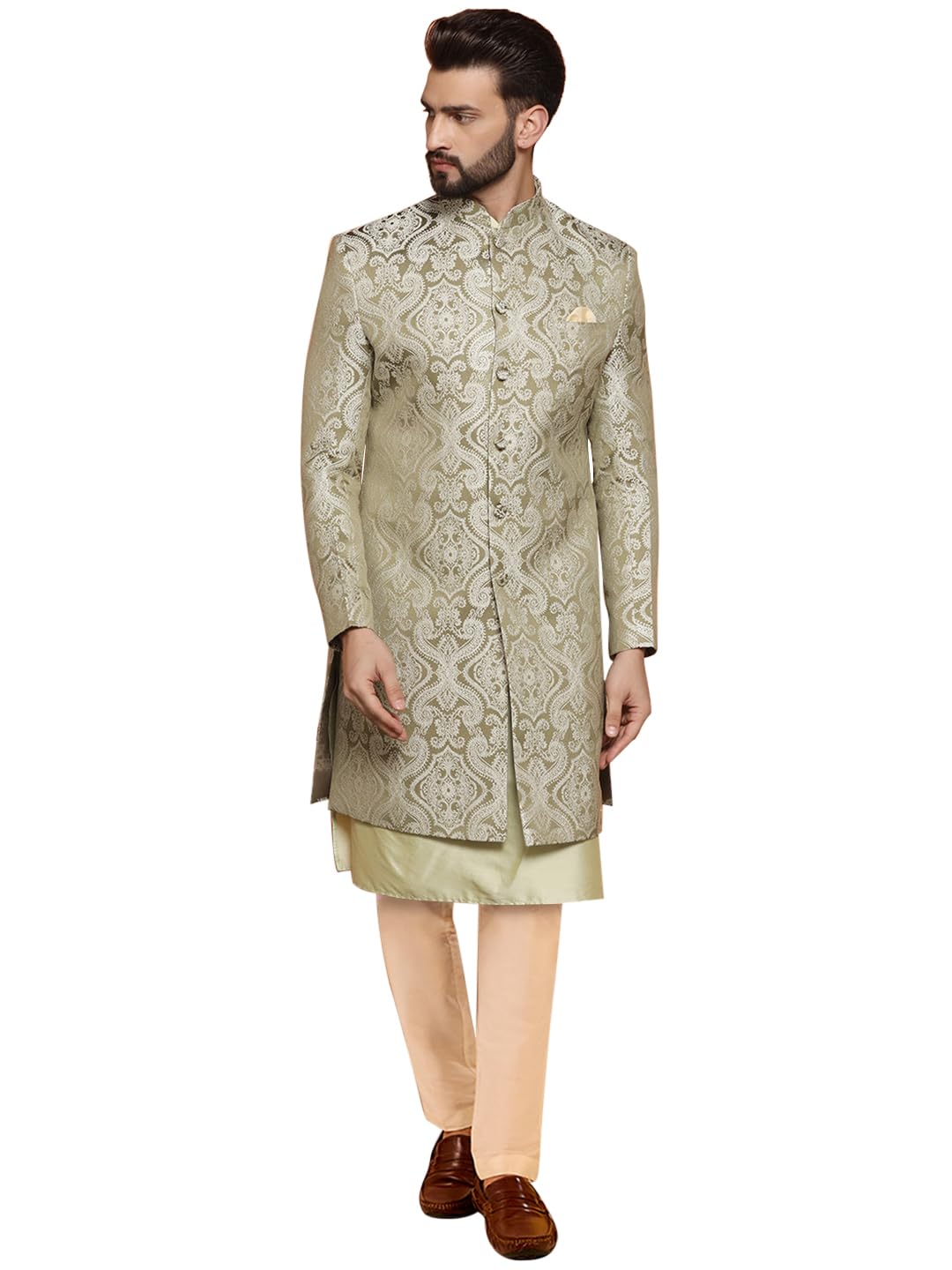 Mens Kurta Sherwani Trouser Set Silk Blend Jacquard, Indo-Western Ethnic Wear for Men, Green-image-40