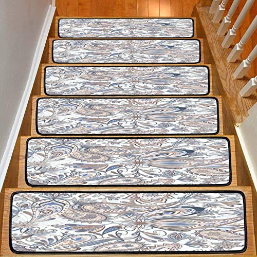 Stair Treads Carpet Set Of 13 Seamless Ethnic Traditional Style Abstract Vintage Decorative Flowers Non-Slip Self-Adhesive Safety Rug Stair Mats Step Runner Indoor Wooden Steps For Kids Dogs 30"X8" #TOP1
