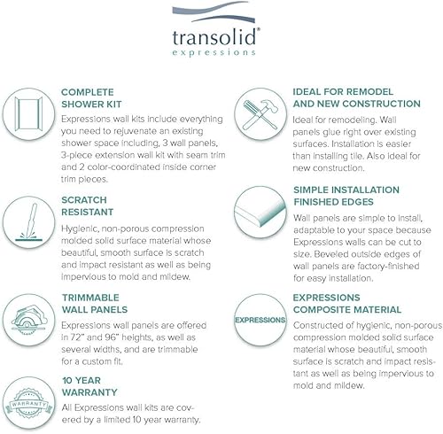Miniatura 99 de Transolid EWKX483696-41 Expressions - Kit de pared de ducha de 6 paneles con extensión, 36 pulgadas de largo x 48 pulgadas de ancho x 96 pulgadas