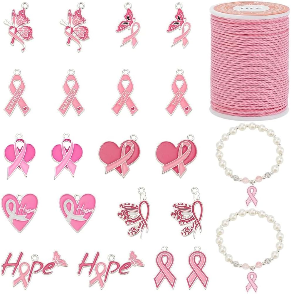 PH PandaHall 20pcs Breast Cancer Awareness Charms Pink Ribbon Pendants Enamel Heart Awareness Dangle Charms Butterfly Hope Pendants with Waxed Cord for Women Bracelet Necklace Jewelry Making Crafts