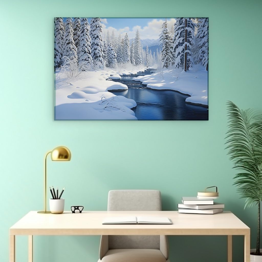 Canvas for Living room. Whispers of Winter: A Stream's Serene Journey Through Snowy Tranquility, 27 x 18 inch Canvas Wall Art - Contemporary Masterpieces - Modern Home Decor