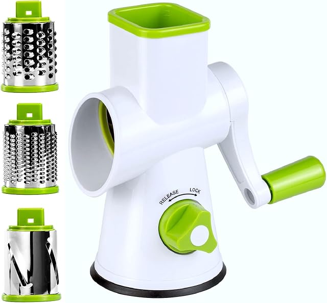 Rotary Cheese Grater - Round Vegetable Mandoline Slicer with 3 Drum Stainless Steel Blades, Dishwasher Safe, Super Vacuum Suction Base (Green)
