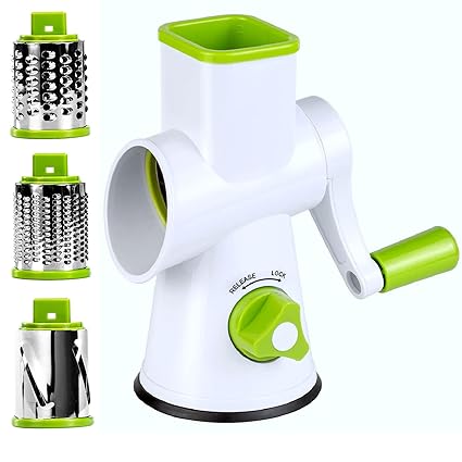 Rotary Cheese Grater - Round Vegetable Mandoline Slicer with 3 Drum Stainless Steel Blades, Dishwasher Safe, Super Vacuum Suction Base