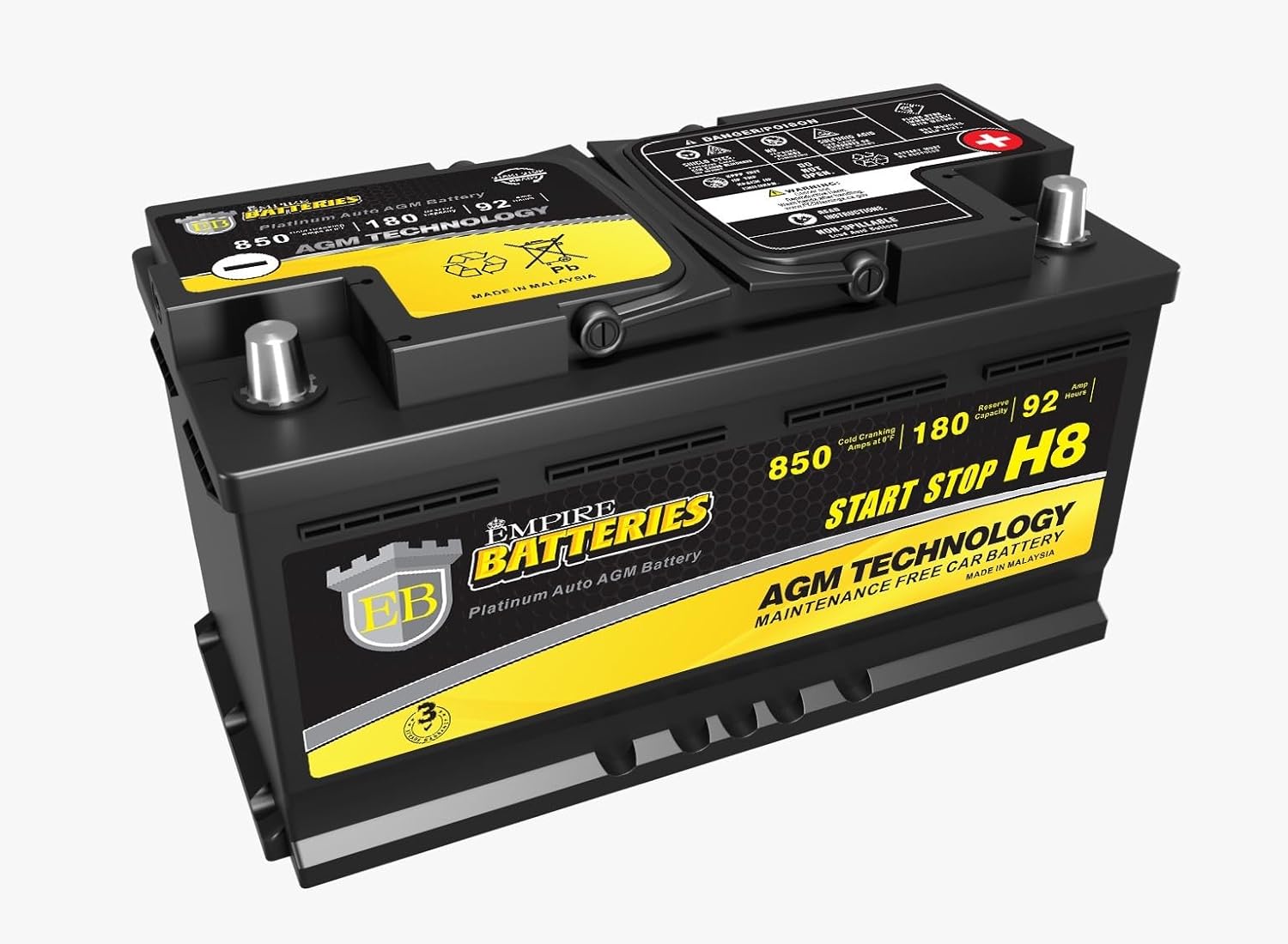 Platinum AGM Battery, 12V 92Ah, 850 CCA, 180 RC, H8 Size, 36 Months Warranty