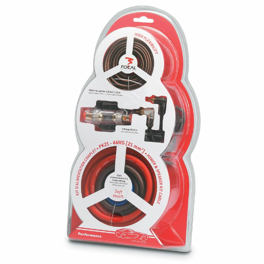 KIT SET PER FOCAL PK21 1 kit cavi d'alimentazione 4 awg 21 mm² per amplificatori altoparlanti auto fusibile 80 ampere, 1 kit