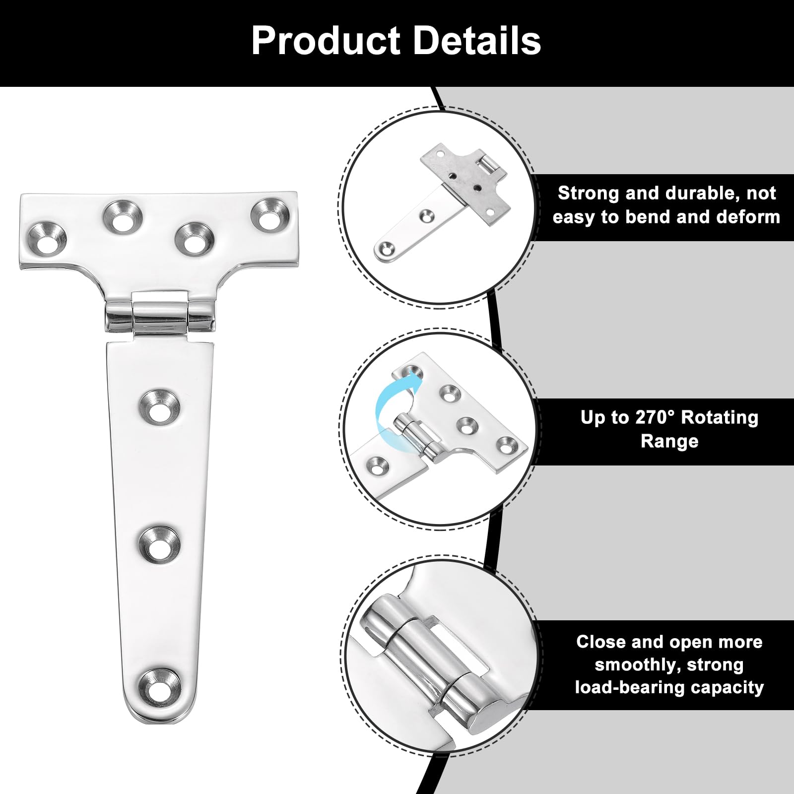 QUARKZMAN 6Pcs Cerniere A T Resistente, Cerniere A T Marina 6" x 3" In Acciaio Inossidabile Cerniere A Fascetta Con Viti Per Portelli Di Barca Porte Di Cortile Porte Di Fienile, Argento