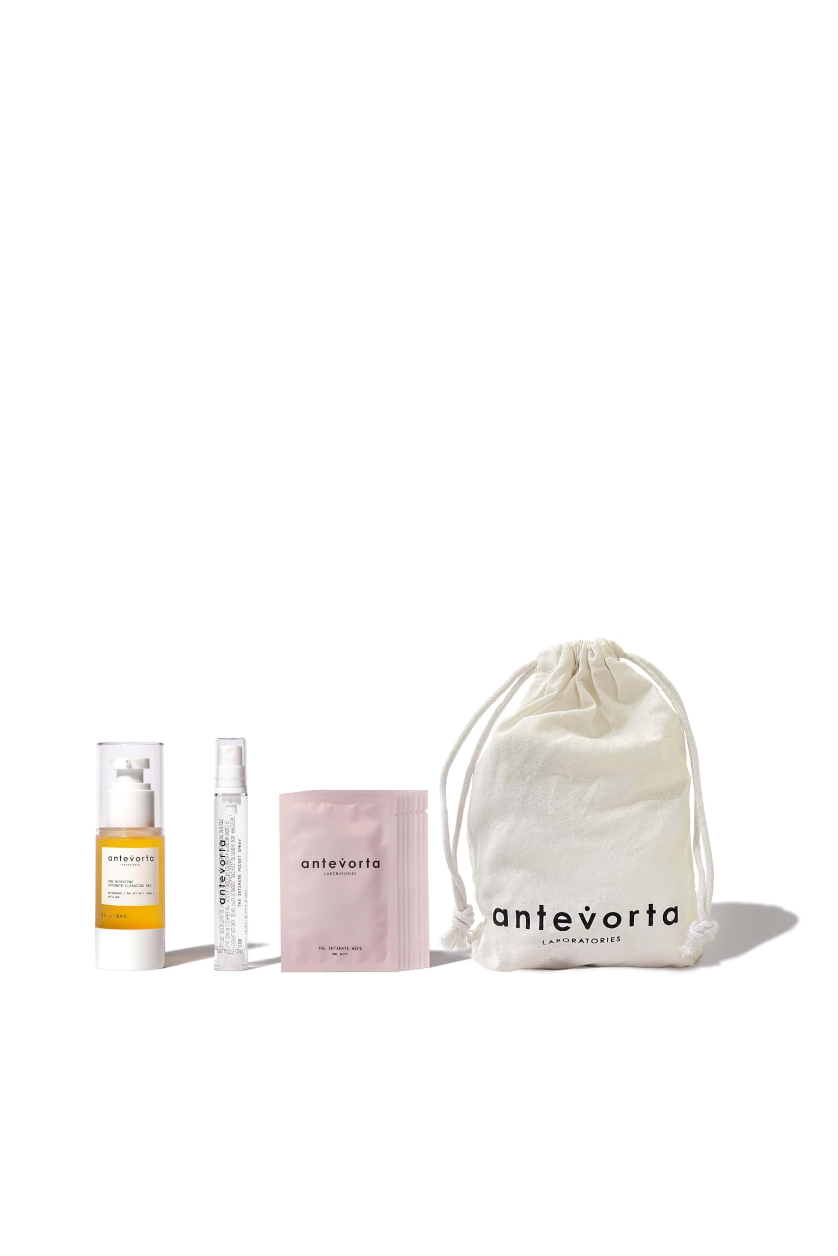 Antevorta Feminine Care - The Discovery Kit - Hydrating Cleansing Gel 30ml Intimate Pocket Spray 17ml Flushable Intimate