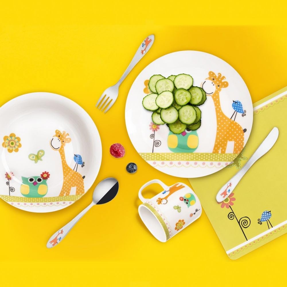 Set di posate per bambini, in acciaio inox, giraffa, 3 pezzi