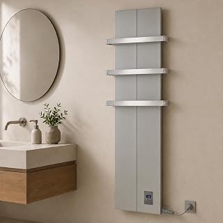 Finesa-D Badheizkörper elektrisch mit Thermostat – Handtuchheizkörper 1200 × 408 mm, 900 W, flaches Paneel-Design, Grau-Metallic, IPX4