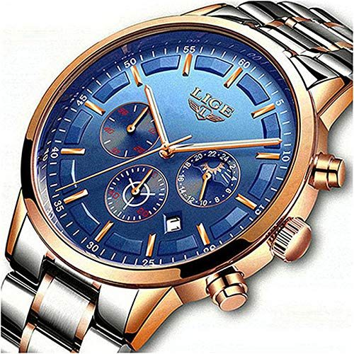 LIGE Mens Watches Steel Waterproof Full Steel Watch Business Silver Black TOP Fashion Watch Analog Quartz Calendar Wristwatch Dress Date Clock Casual