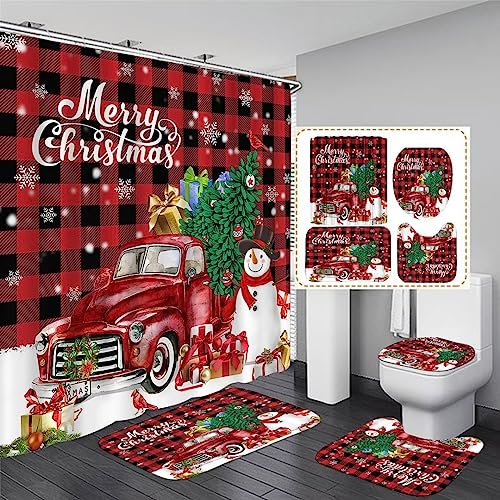 Yizheer Merry Christmas 4Pcs Snowman Shower Curtain Set with Non-Slip Rugs, Toilet Lid Cover and Bath Mat, Waterproof Shower Curtains Bathroom Decor Set Merry Christmas Decor