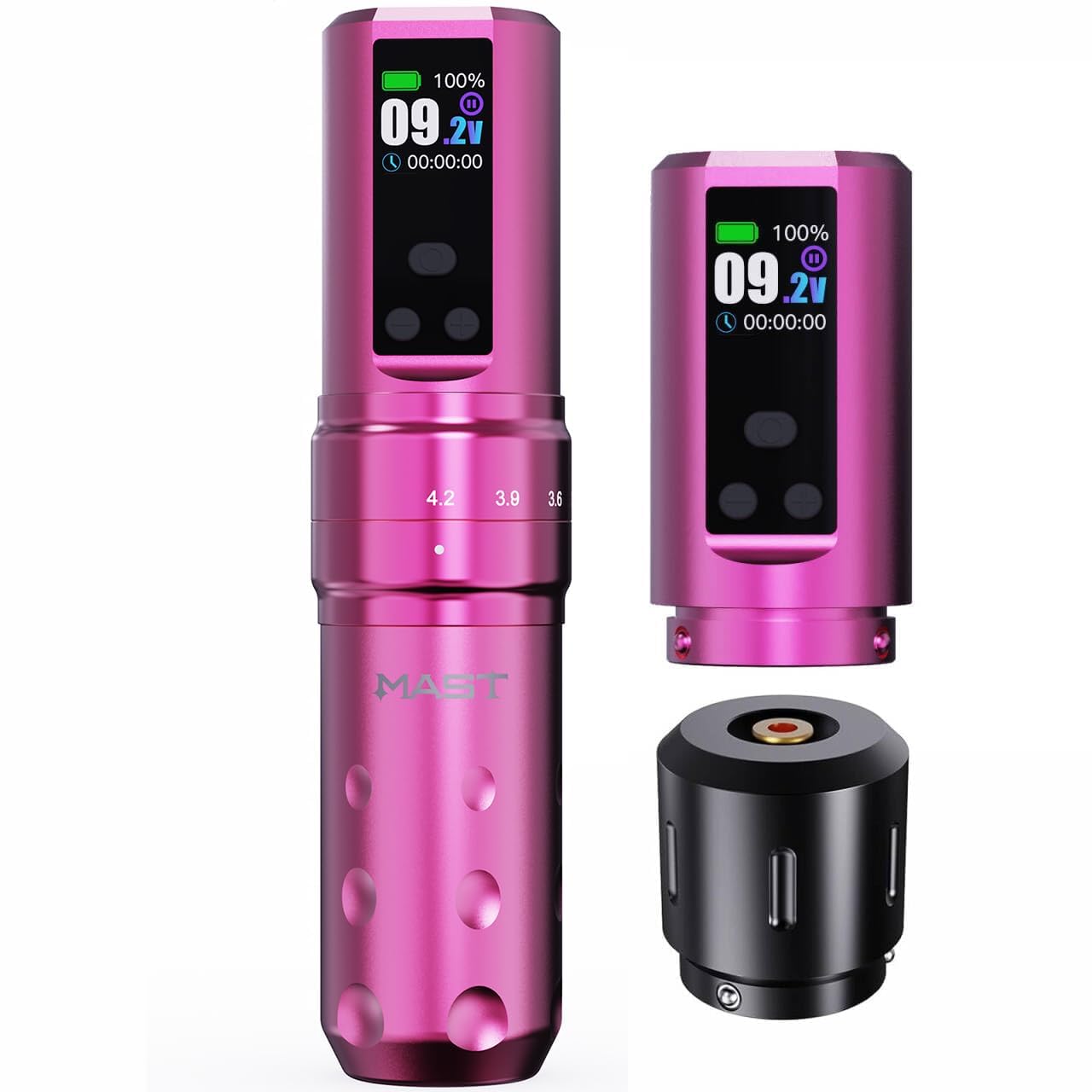 Mast Fold2 Pro Máquina de tatuaje inalámbrica pluma Máquina de tatuaje rotativa Pistola de tatuaje 7 golpes Longitud 2pcs Batería 2000mAh Motor poderoso por Mcore Pantalla de pantalla inteligente Rosa