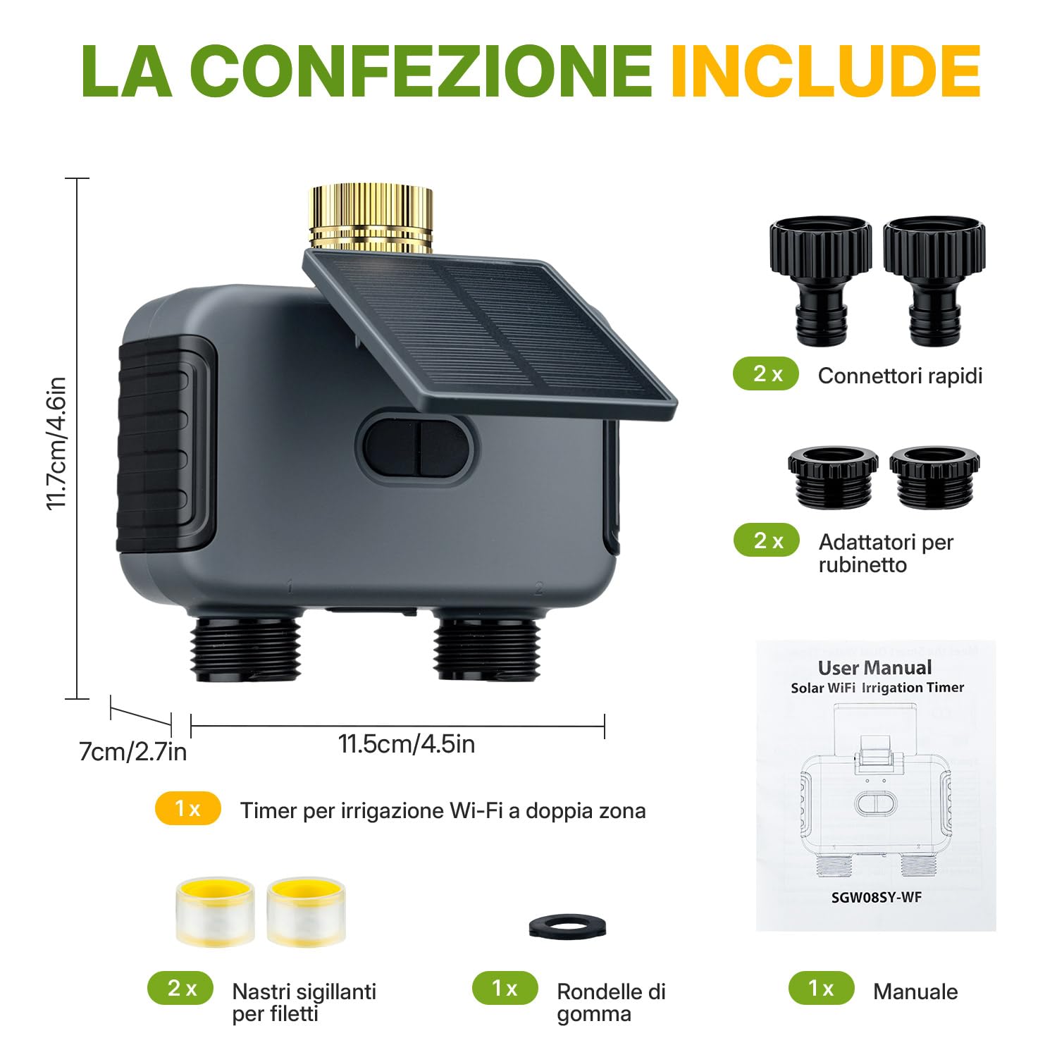 Mcbazel Timer Irrigazione Solare WiFi a 2 Zone, Centralina Smart con Ricarica Solare e USB-C, Programmatore Irrigazione con Ritardo Pioggia, Automatica/Manuale, IP55 Impermeabile