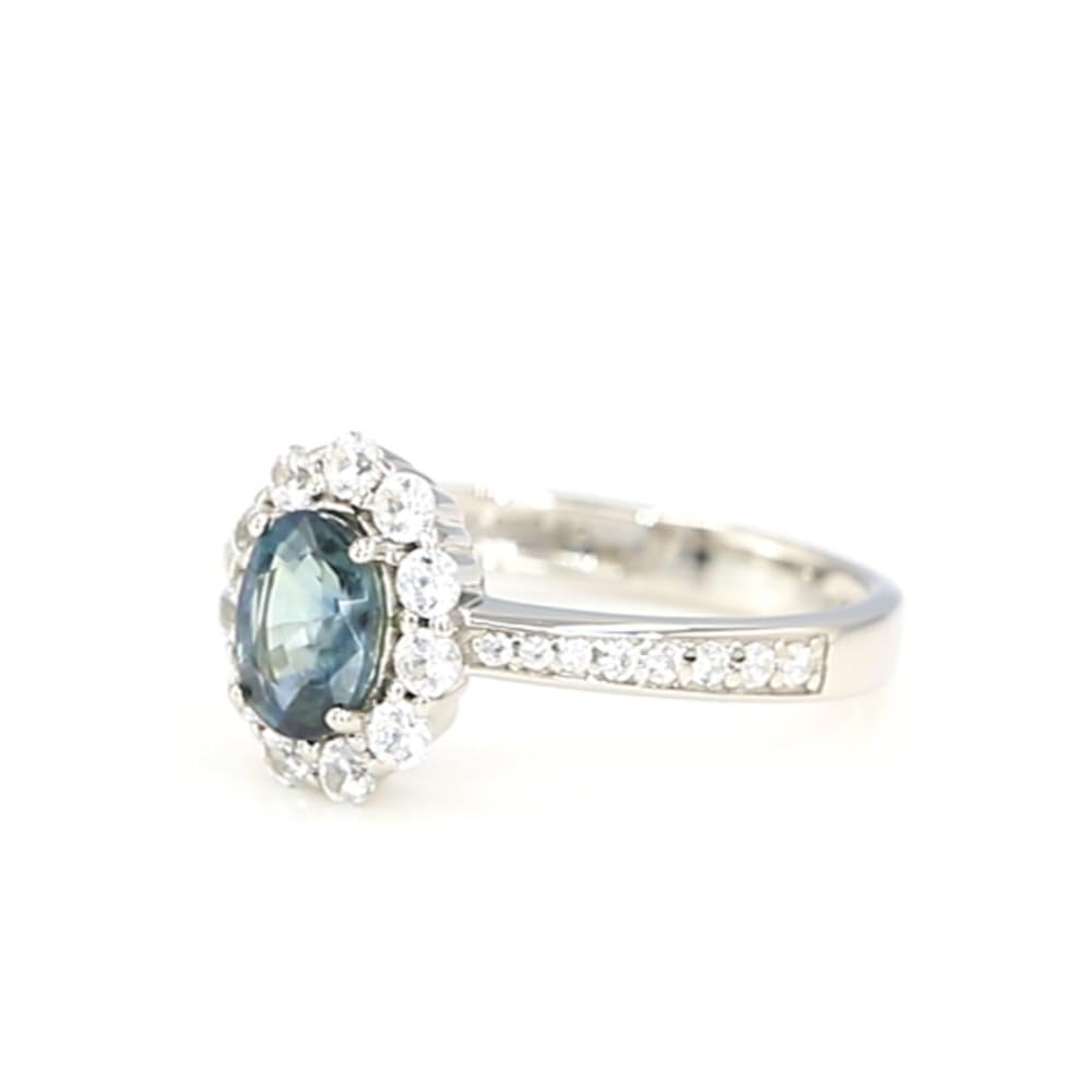 Cavill Petrolfarbener Saphir Ring 0,987 ct Ovalschliff mit 925er Sterlingsilber Platin Beschichtung und funkelnden kambodschanischen Zirkonen im Silberring für Damen