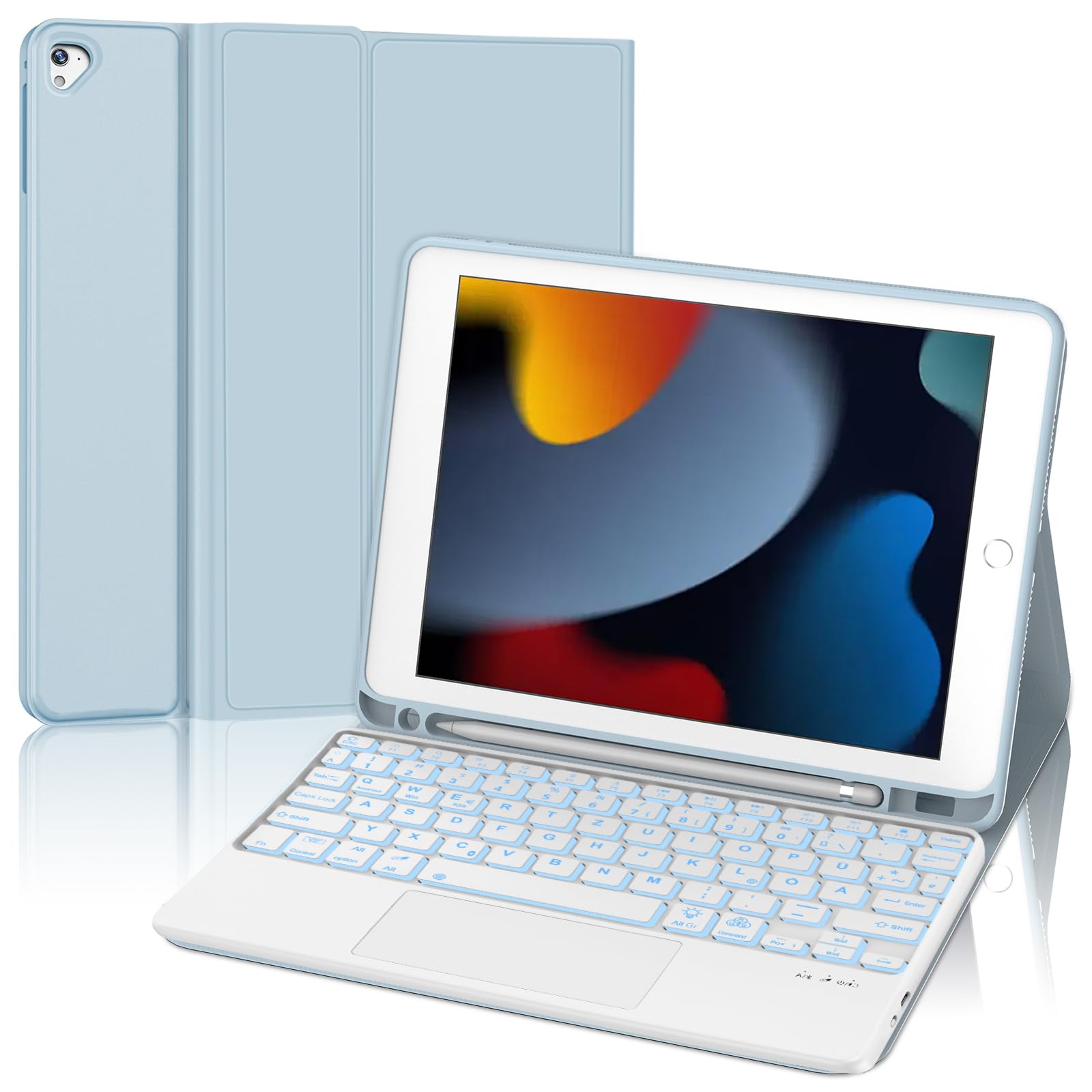 WINCHKING Trackpad Teclado para iPad 9/8/7 Generación 10.2"/Air 3/Pro 10.5” | Iluminación de 7 Colores, Magnético Bluetooth Teclado Funda para iPad 10.2" 2021/2020/2019, QWERTY Español Ñ, Azul