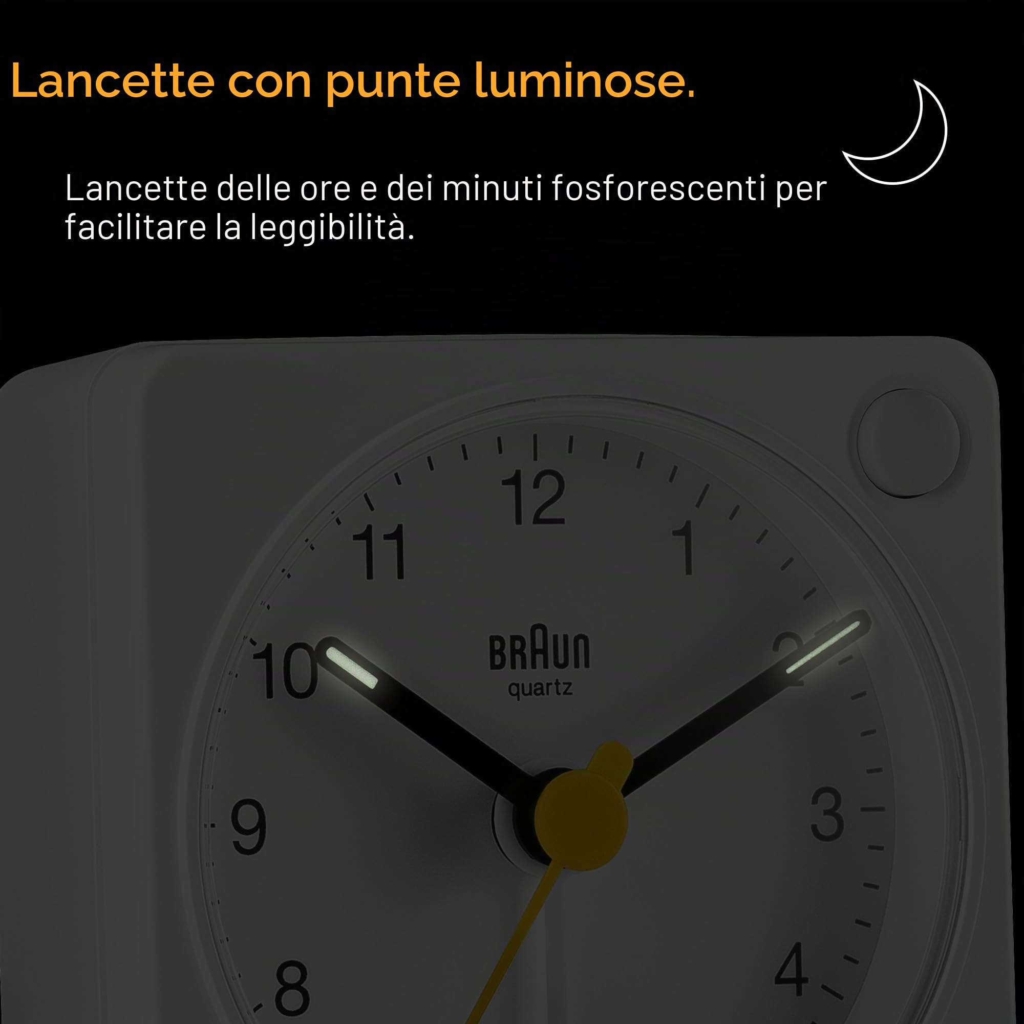 Braun Orologio Sveglia Analogico Classico viaggio con Funzione Snooze e Luce, dimensioni ridotte, Movimento al Quarzo silenzioso, Suono Sveglia Beep con crescendo, colore bianco, modello BC02XW.