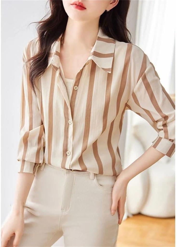 Women Striped Print Button Shirts Simple Casual Turn Downn Collar Blouses Long Sleeve Loose Tops Striped S