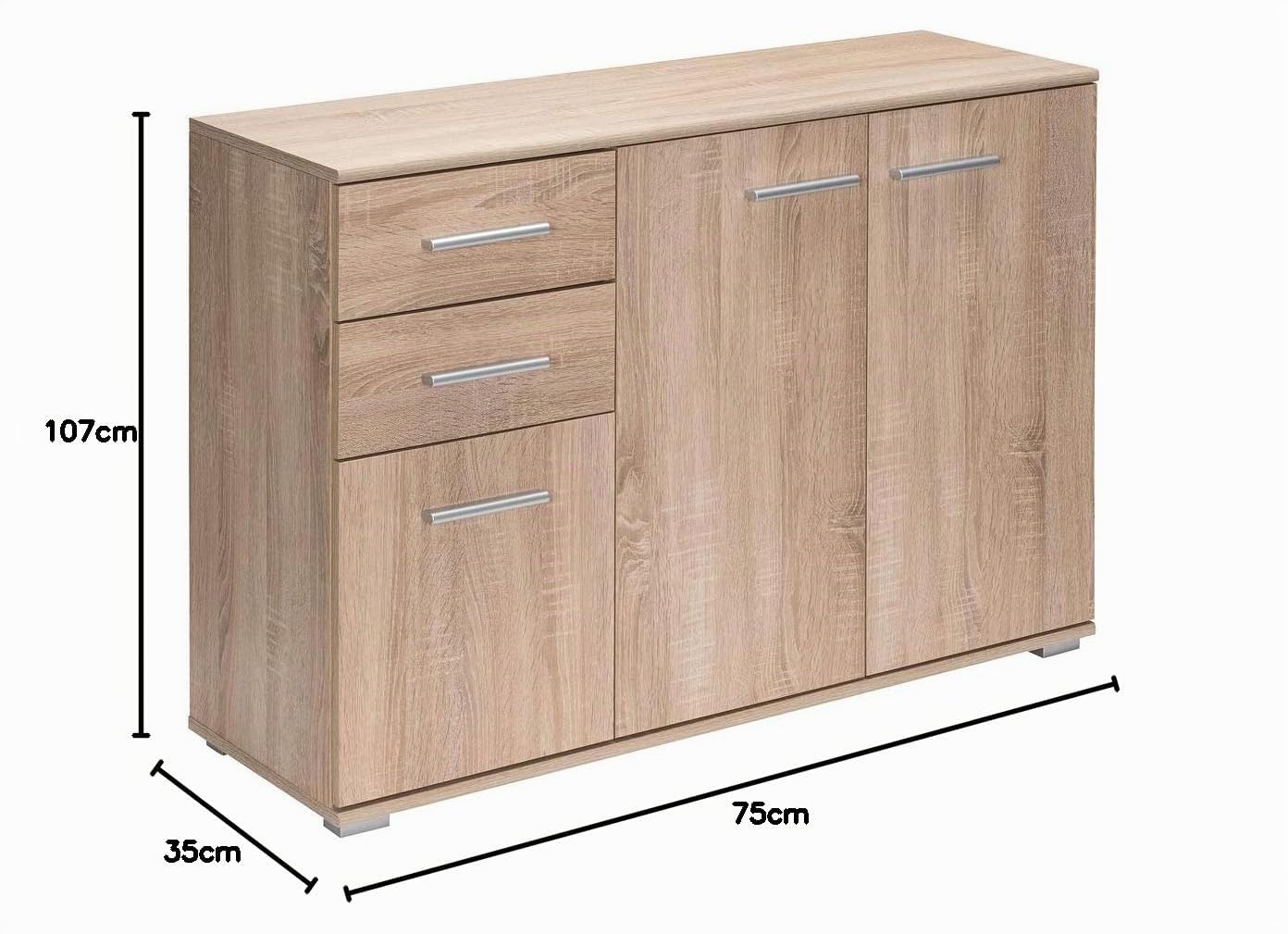 Casaria Cassettiera Alba 3 Ante con Ripiani 2 Cassetti 107x75x35cm Comò Armadietto Ufficio Mobiletto