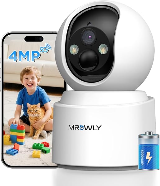 Mrowly Battery Operated Indoor Camera 2.5K, Home Security Camera Wireless with 6000mAh Rechargeable Battery, Dual-Band WiFi 2.4/5G, 360° PTZ, Color Night Vision, Pet Camera with PIR Motion Detection - 1