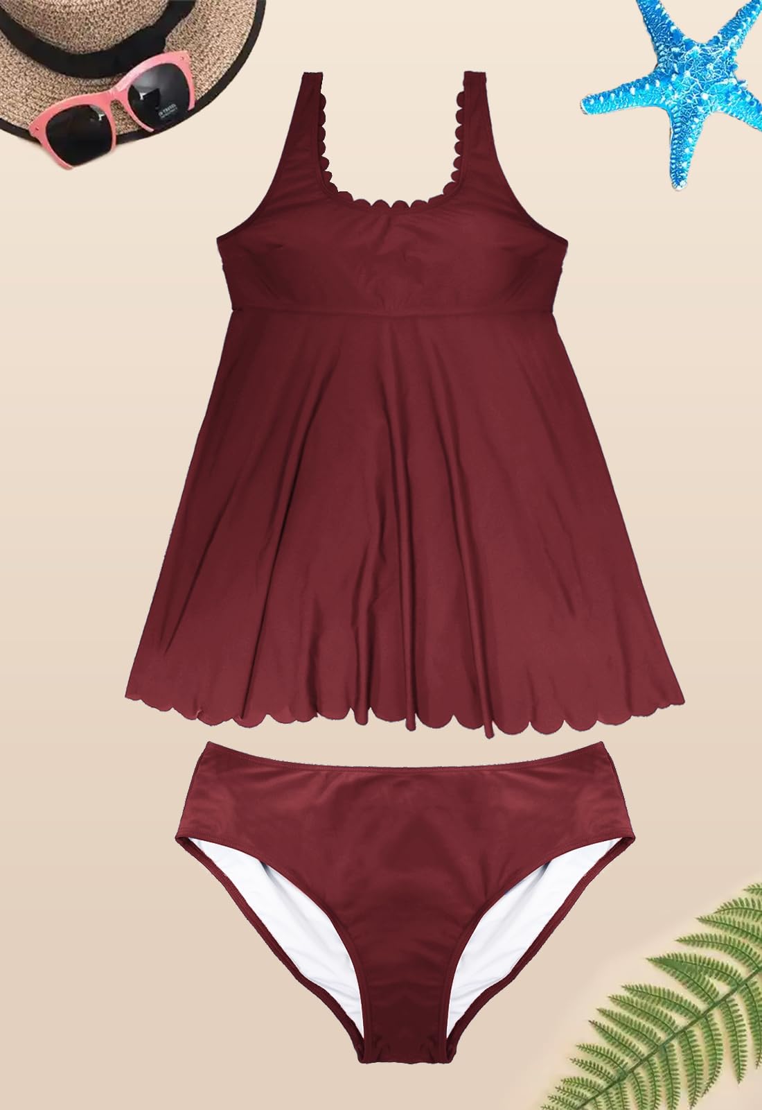 Rayson Bañador Mujer Tankini con Encaje Festoneados 2 Piezas Bañadores Mujer Reductor Barriga Conjunto Traje de Baño con Slip