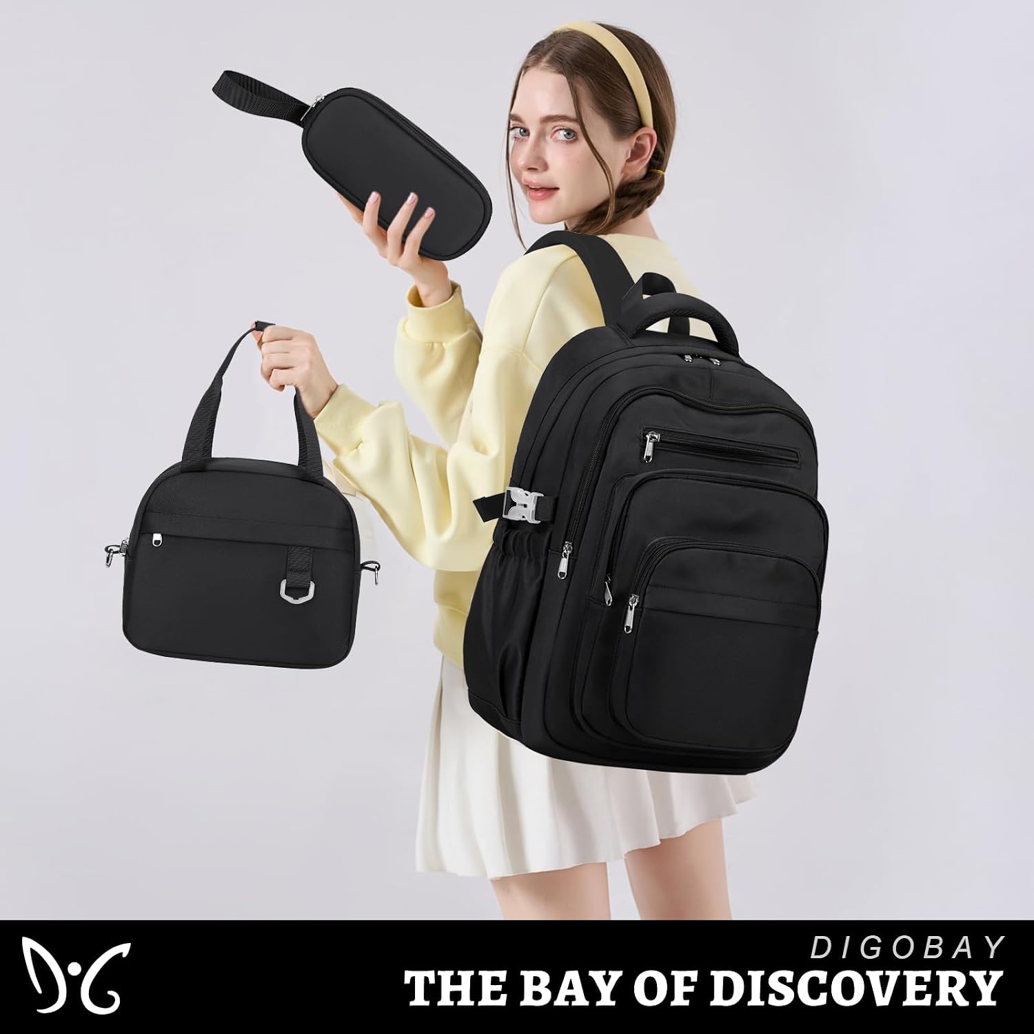 DIGOBAY Backpack for School Girls Boys, College Backpack with Lunch Bag Pencil Case for Teens Kids Elementary Middle High School, Casual Multi-Pocket Travel Daypack with USB Port for Women Men Black