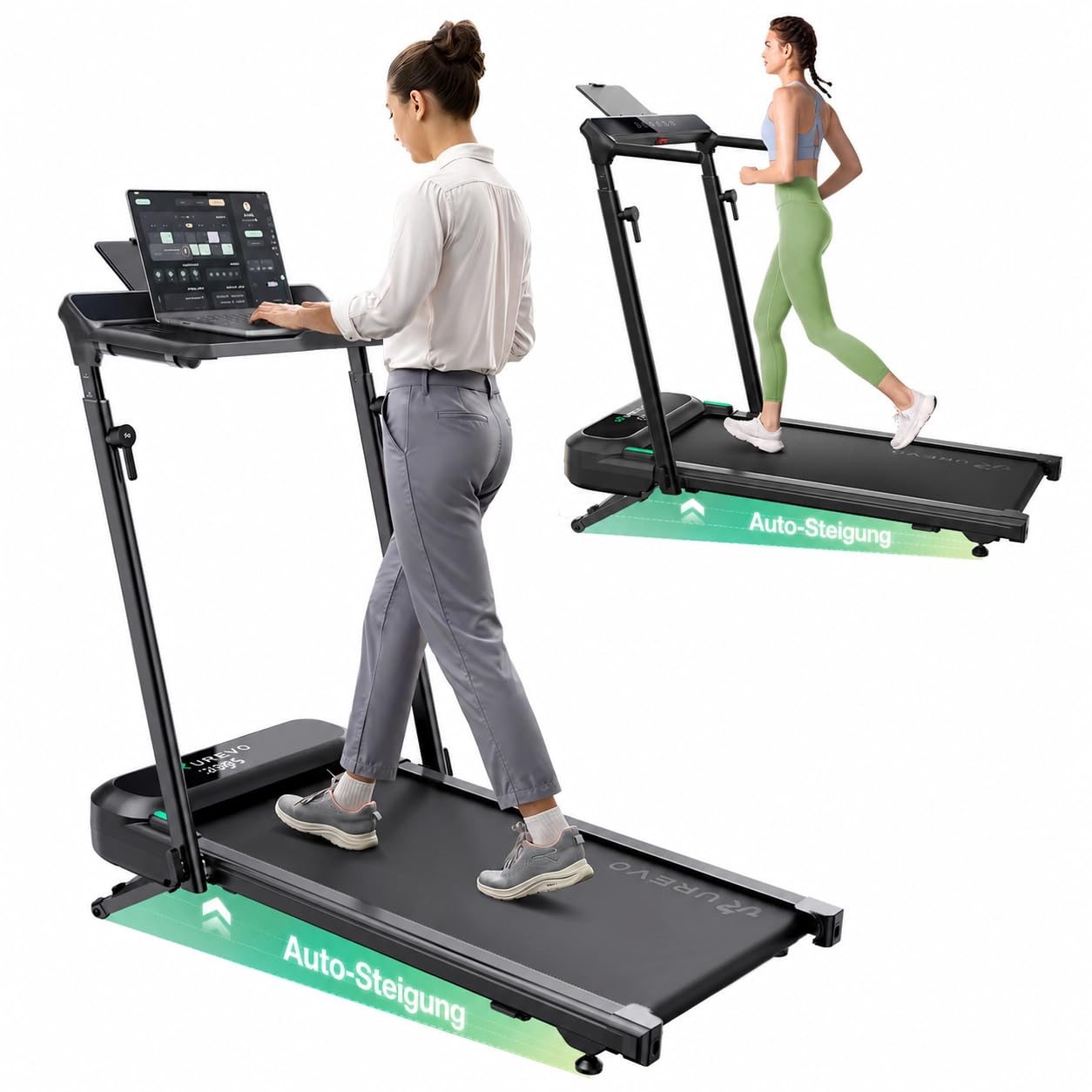 UREVO Smart Laufband mit Steigung Automatisch, Laufband Schreibtisch & Workstation, Flüsterleiser Dual-Brushless-Motor (10× Lebensdauer), 16" Laptop-Fit, 190% Mehr Kalorien, Knie-schonend