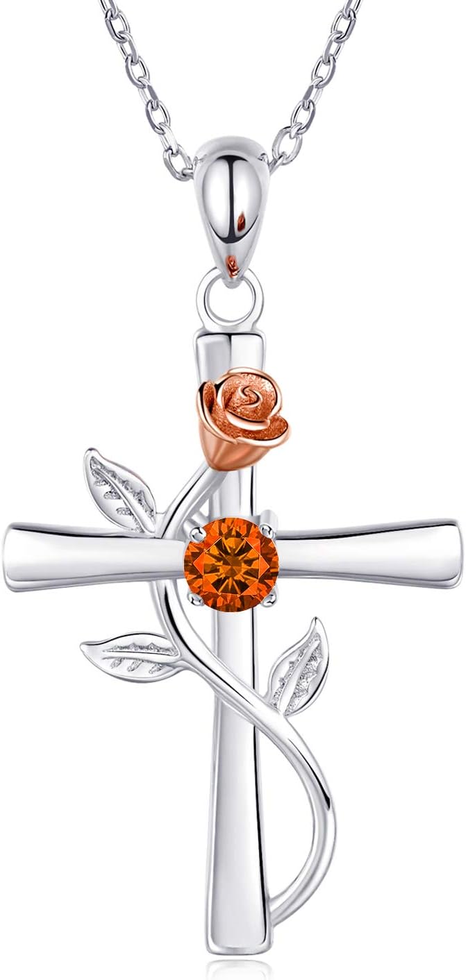 BlingGem Cross Necklace for Women 925 Sterling Silver Birthstone Necklace for Womens Cross Pendant 5A Cubic Zirconia 12 Birth Months Birthday Gifts for Women Wife Her