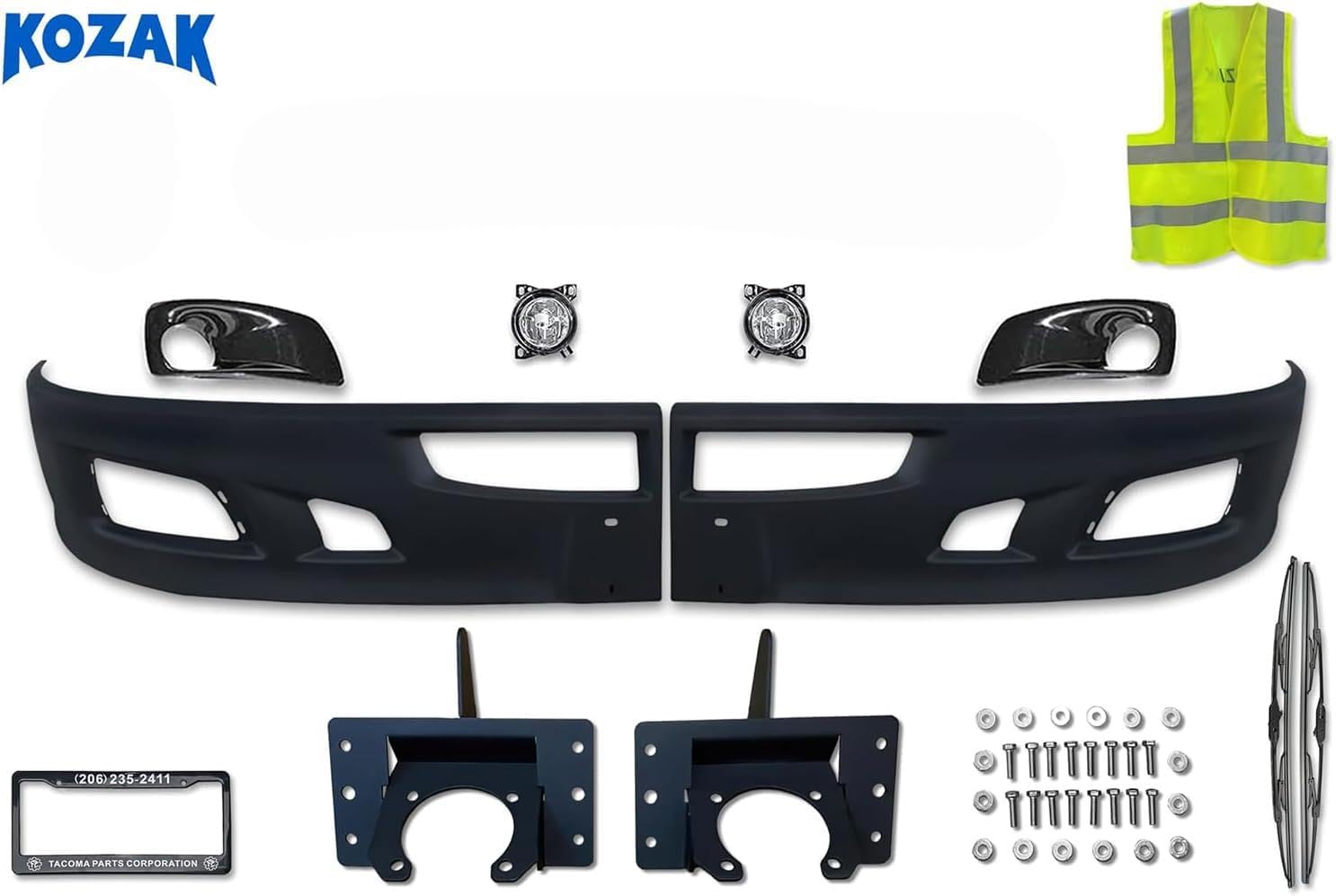 KOZAK Black PLASTIC Bumper Extension Corner Left & Right Side Pair With Brackets SET and Fog lights with bezels Compatible with Kenworth T660 PLUS Logo, Windshield Wipers, Frame License Plate and Vest
